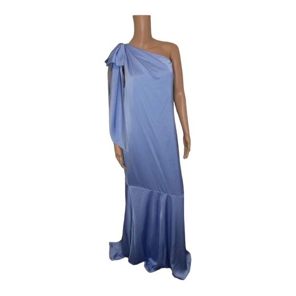 AIDAN MATTOX Satin Asymmetric One Shoulder Mermaid Maxi Gown Size 14 Blue NWT - Picture 10 of 12
